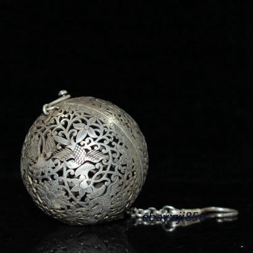Old antique silver handmade carved Crane pattern Hang ball incense burner