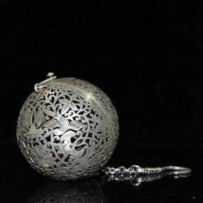 Old antique silver handmade carved Crane pattern Hang ball incense burner