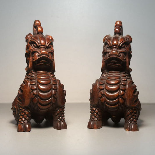 Collection Chinese Boxwood Carved A Pair Unicorn Statue Exquisite Figurines Art
