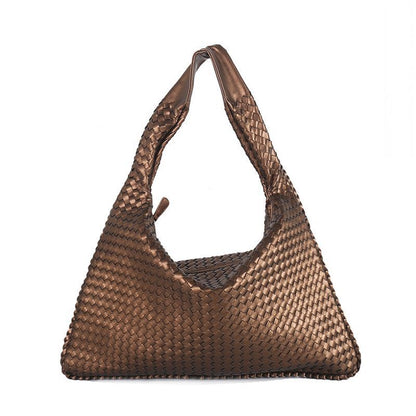 Leather Shoulder Bags Handmade Woven Handbag Big Capacity Patchwork Zipper Purse