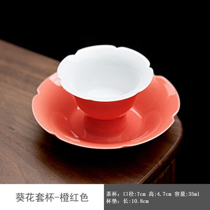35ml Sunflower Shaped Tea Cup Saucer Ceramic Afternoon Household Kung Fu Tea Set