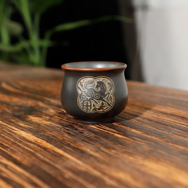70ml Chinese Purple Pottery Handcarved Twelve Zodiac Master Cup Kungfu Teaware