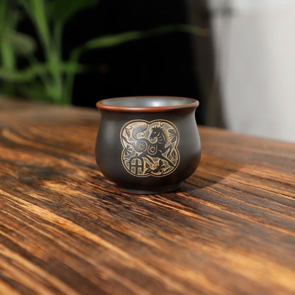 70ml Chinese Purple Pottery Handcarved Twelve Zodiac Master Cup Kungfu Teaware