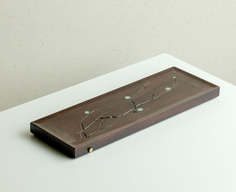 Ebony Wood Tea Tray Rectangle Water Reservoir Solid Wood Serving Tray Silver New
