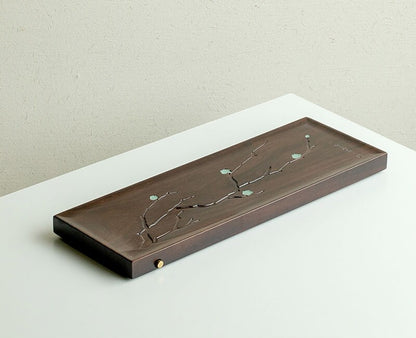 Ebony Wood Tea Tray Rectangle Water Reservoir Solid Wood Serving Tray Silver New