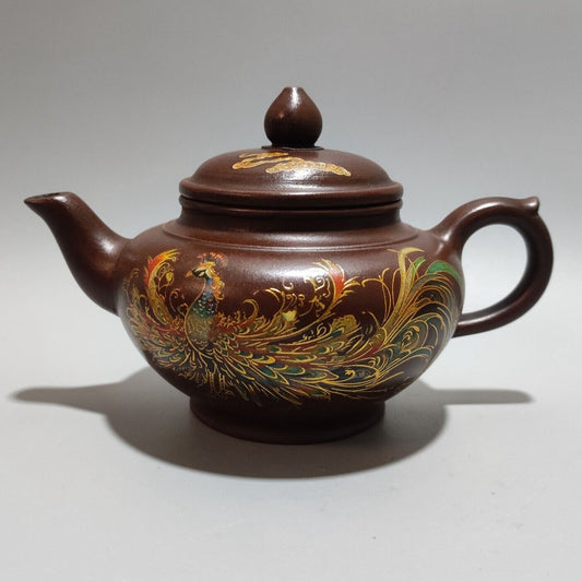 Vintage Chinese Yixing Purple Clay Teapot Zisha Ceramic Painted Peacock Teaware