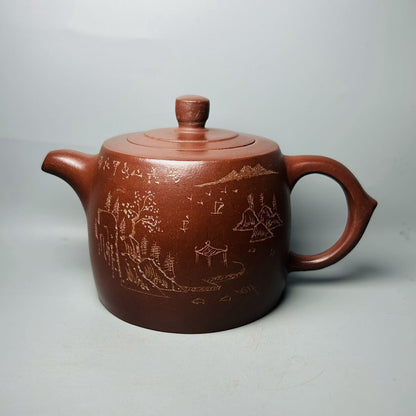 Vintage China Yixing Purple Clay Teapot Zisha Ceremony Carving Landscape Tea Set