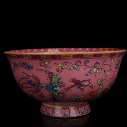 Chinese Famille Rose Porcelain Hand Painted Pink Dragon Phoenix Bowl al0805