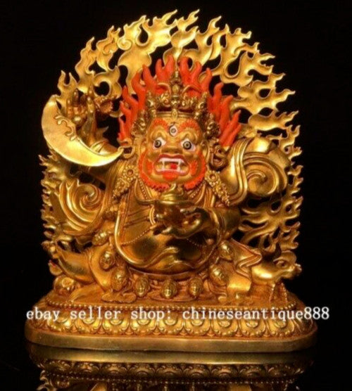 9''Old Nepal Buddhism Copper Gilt Painting Mahakala Wrathful Deity Buddha Statue