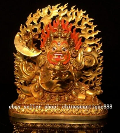 9''Old Nepal Buddhism Copper Gilt Painting Mahakala Wrathful Deity Buddha Statue