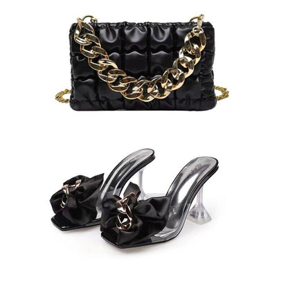 Ladies Slippers Shoes Bag Set Women Pumps Sandals Shoes Purse Set Black Heels