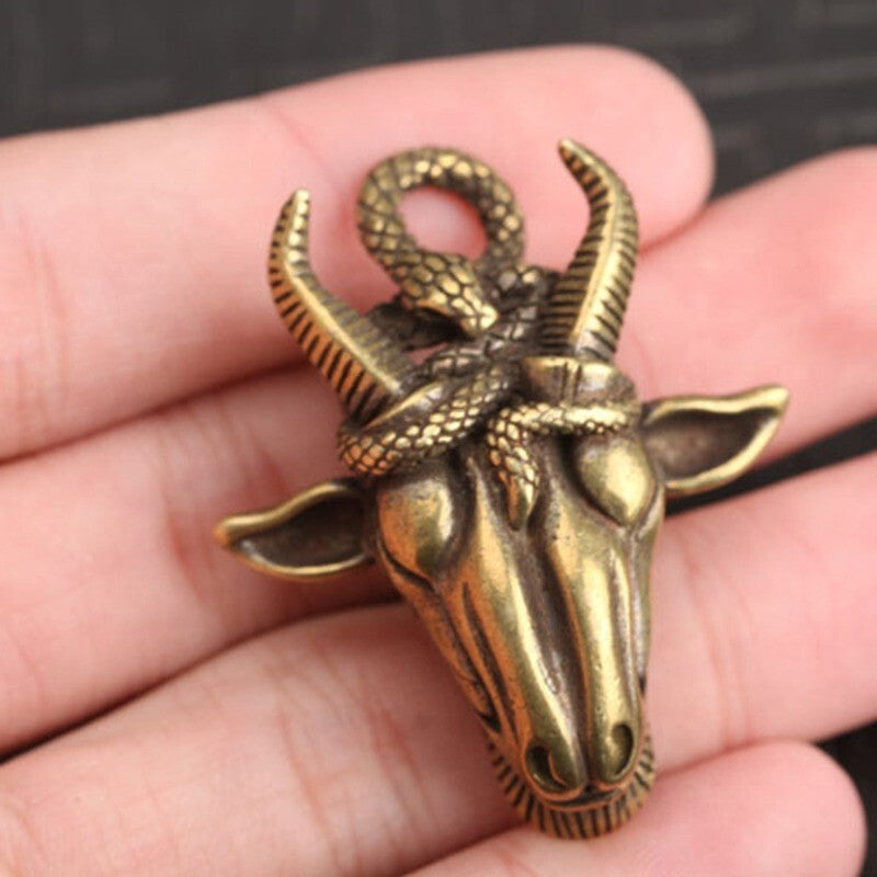 Brass Solid Snake Sheep Head Statue Animal Statue Tea Pet Ornament Miniature -