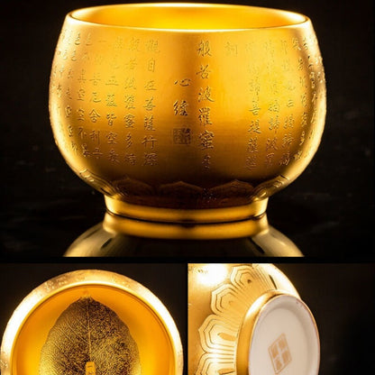 24k Gold Tea Cup Zen Style Chinese Mater Heart Sutra Carved Full Handmade 180ml