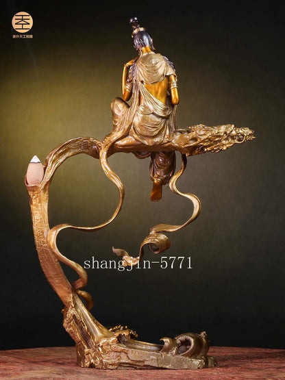 Brass Avalokitesvara Dragon Statue Incense Censer Burner Zen Home Decorative