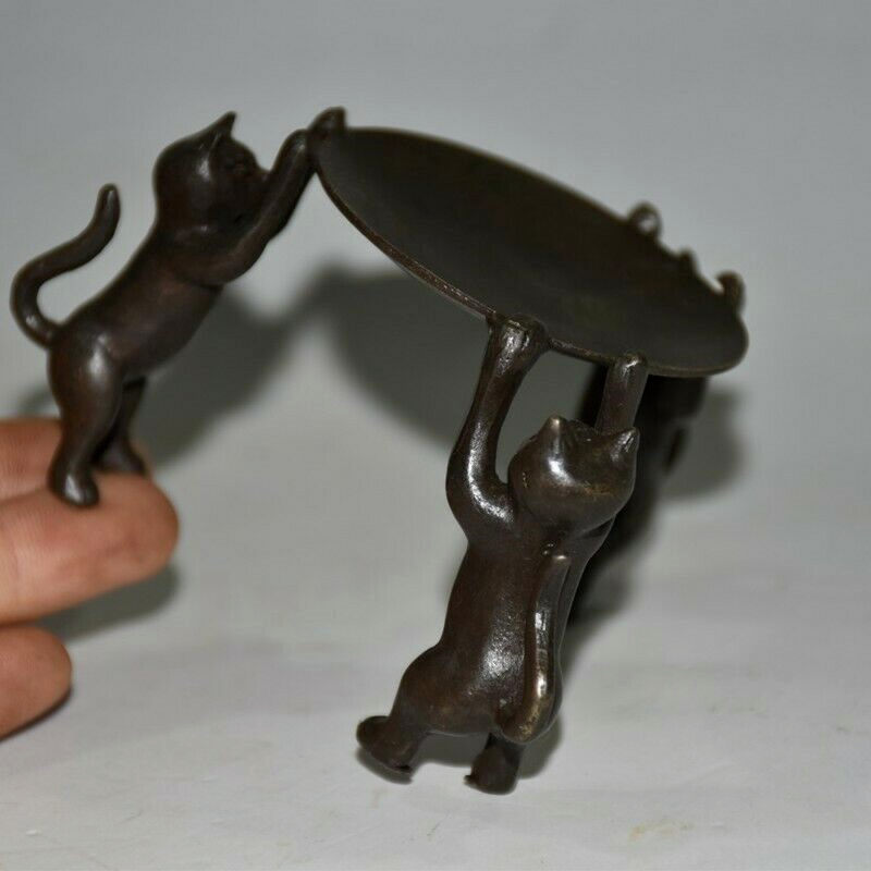 Old Chinese bronze copper handmade Three cats Candlestick statue