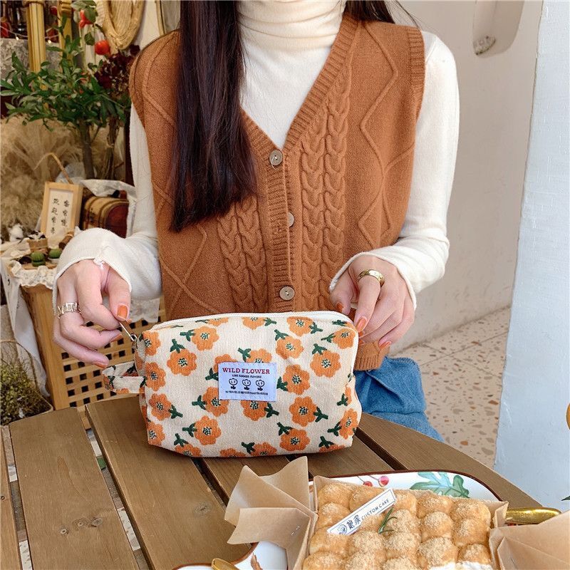 Retro Corduroy Cosmetic Bag Plaid Canvas Leopard Print Storage Purse S/M/L 1 PC