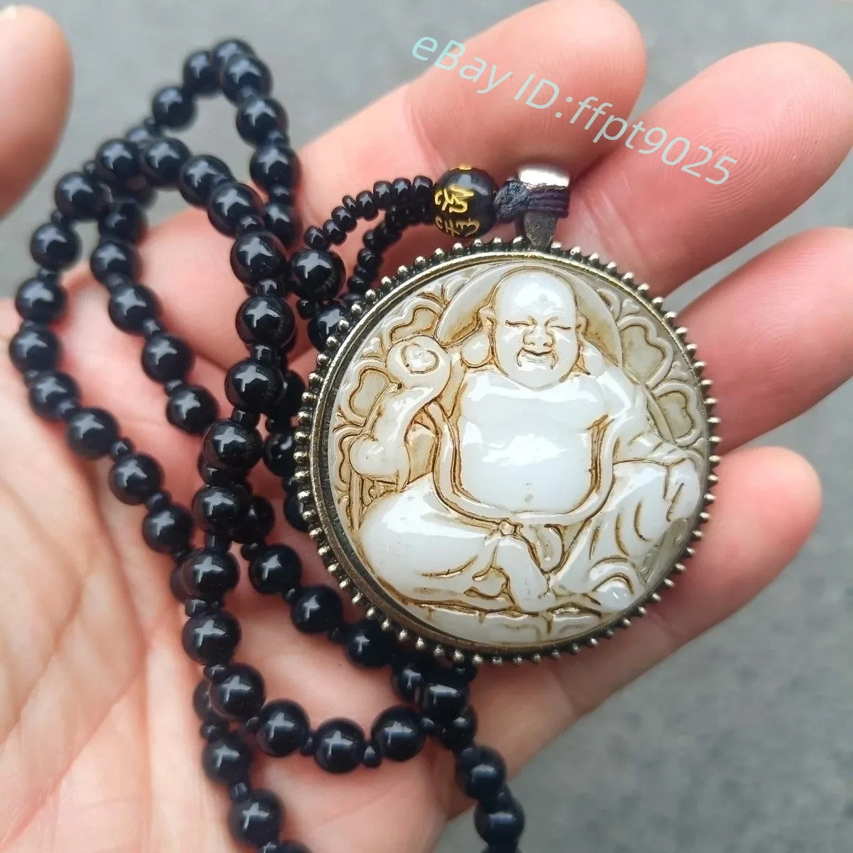 China Antique Collection Old Jade Maitreya Buddha Blessing Pendant Mala Necklace