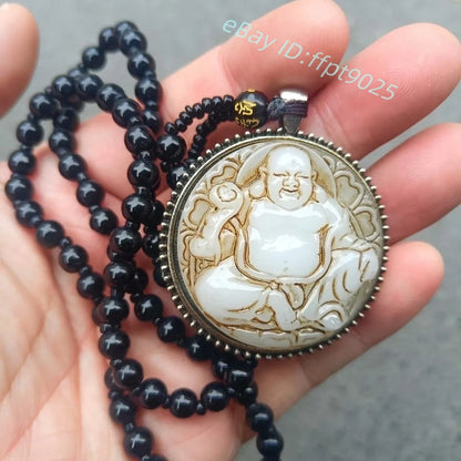China Antique Collection Old Jade Maitreya Buddha Blessing Pendant Mala Necklace