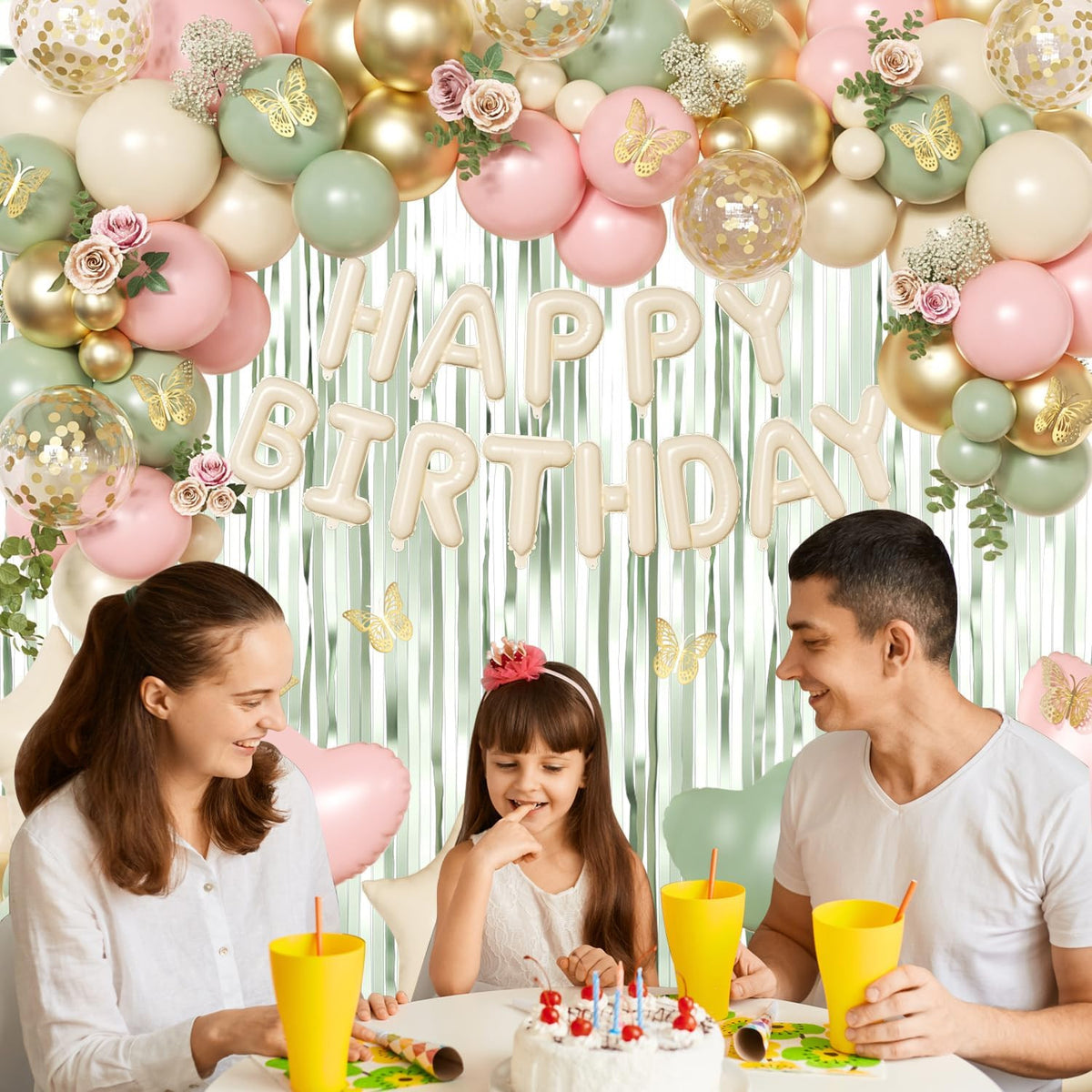 Pink and Sage Green Birthday Decorations, Pink Green Sand White Metallic Gold Fo