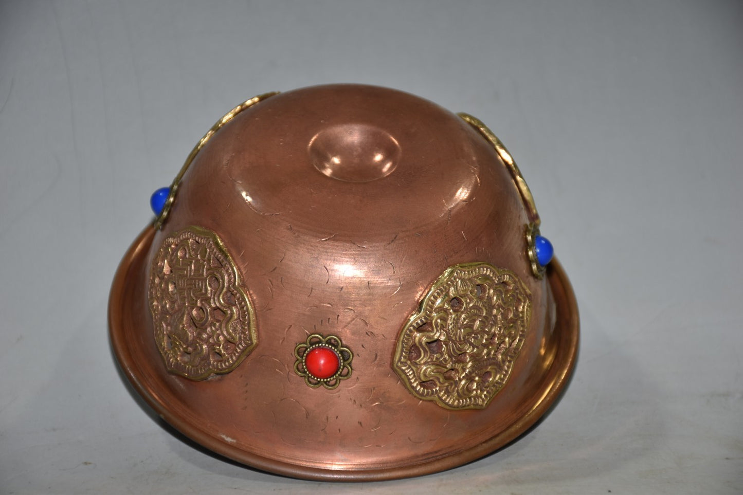 Vintage Nepalese Red Copper Bowl 4.92×2.17in Inlaid Gem 162g Butter Tea Cup