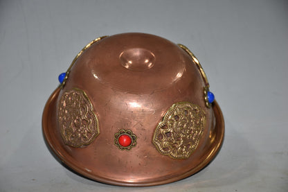 Vintage Nepalese Red Copper Bowl 4.92×2.17in Inlaid Gem 162g Butter Tea Cup