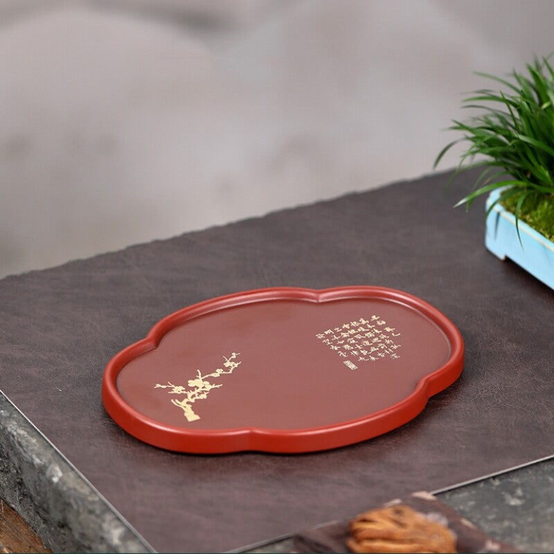 True Yixing Zisha Tea Tray Dahongpao Clay Handmade Drawings Tea Plate For Pot