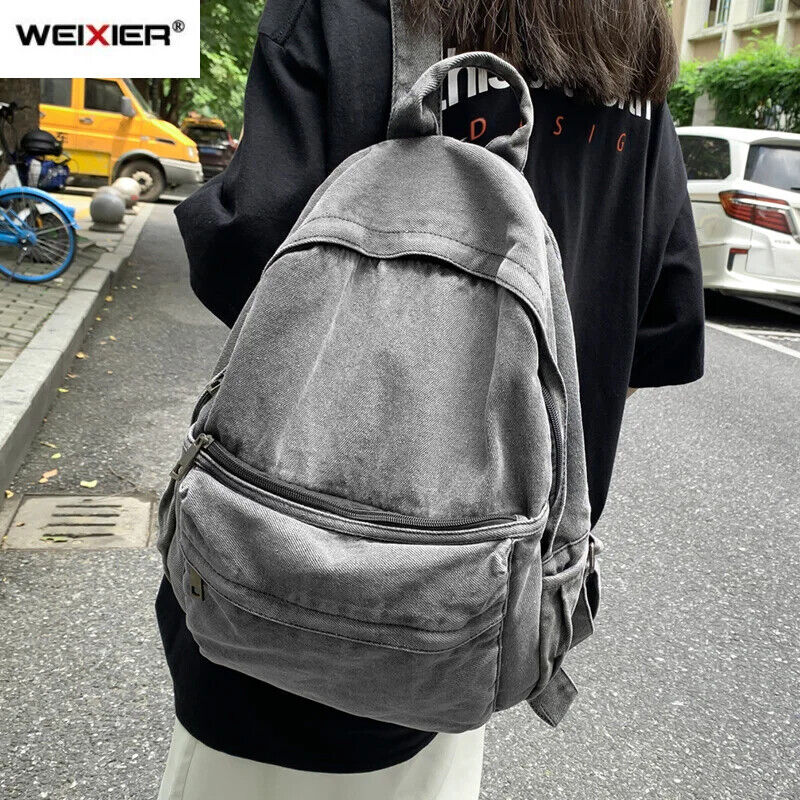 Gray Denim Backpack Women's Travel Shoulder Bag Schoolbags Suitable Boys Girls
