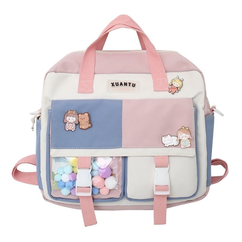 Contrast Color Backpack Multifunctional Nylon Fabric School Bag Purple/Pink/Blue