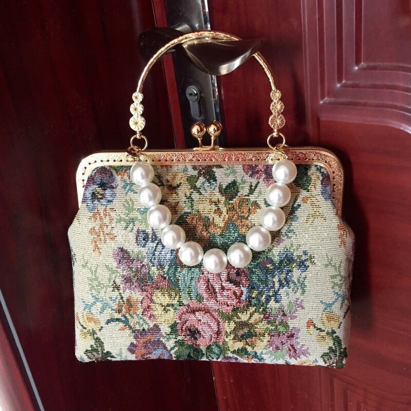Vintage Embroidery Bag Handbag Flowers Purse Pearl Chain Crossbody Shoulder Bag