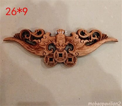 Chinese Hand Carved Statue Camphor Wood Bat Triangle Decal Wall Sculpture