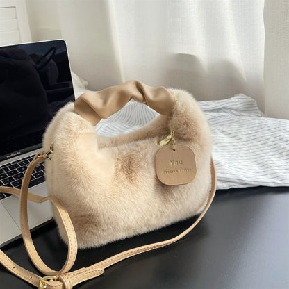 Soft Faux Fur Bag Synthetic Leather Handle Pleated Warm Plush Bags Crossbody 1PC