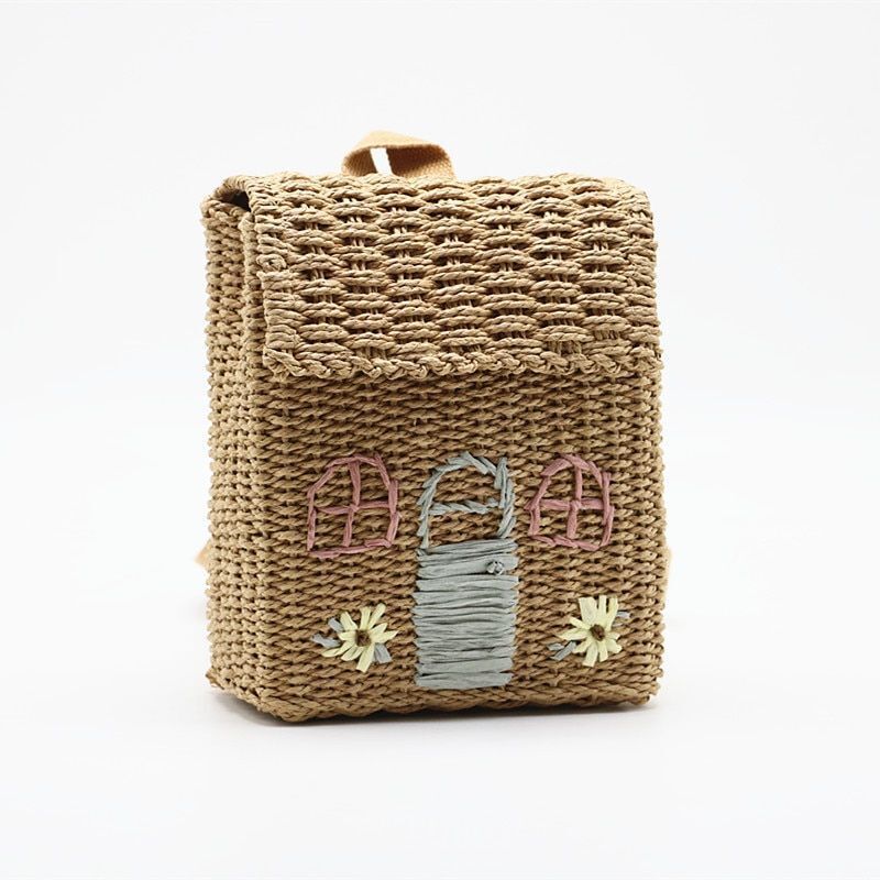 Straw Woven Bag Backpack 20-35L Hasp Polyester Brown Purse Retractable Traveling