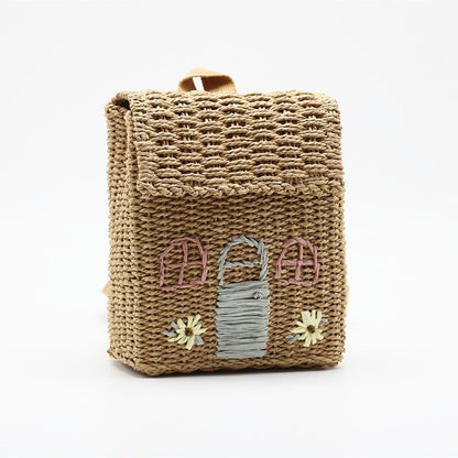 Straw Woven Bag Backpack 20-35L Hasp Polyester Brown Purse Retractable Traveling