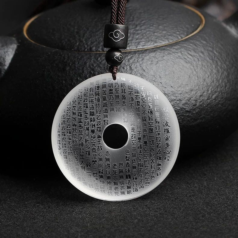 Glass Heart Sutra Ping An Buckle Pendant Necklace Buddhist Amulet Feng Shui