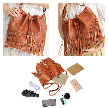 Women's Bag Casual Drawstring Tassel Bucket Bag PU Fringe Female Messenger Bag