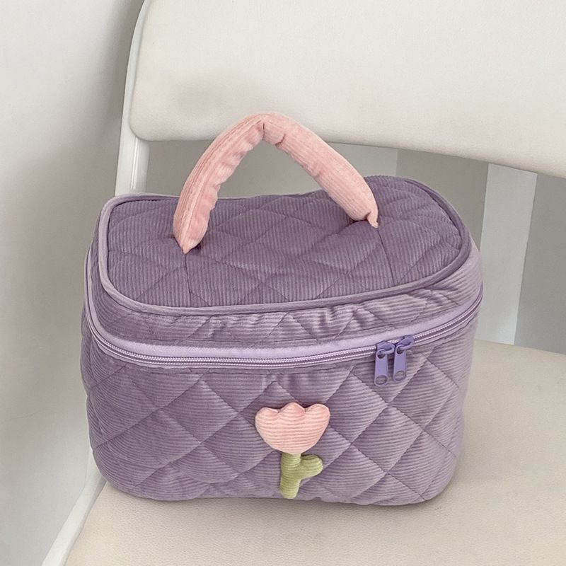 Flowers Print Pouch Large Travel Cosmetic Bag Corduroy Toiletry Bags Storage Box