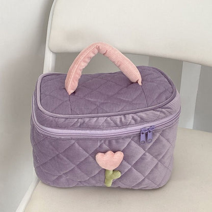 Flowers Print Pouch Large Travel Cosmetic Bag Corduroy Toiletry Bags Storage Box