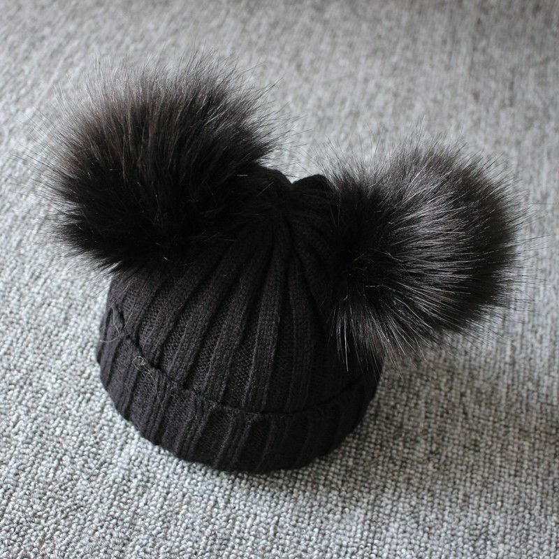 Knit Hat Newborn Baby Kid Girls Boys Winter Warm Furry Balls Pompom Solid Lovely