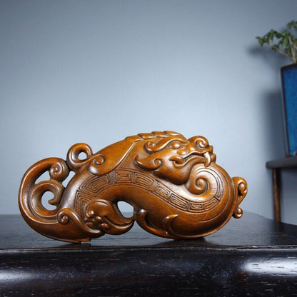 Rare Chinese Boxwood Wood Carved Exquisite Dragon Phoenix Statue Wooden Figurine