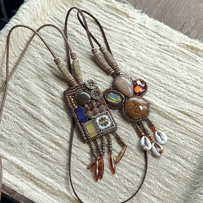 Bohemian Ethnic Necklace 2Pcs Shell Tassel Vintage Layered Sweater Chain