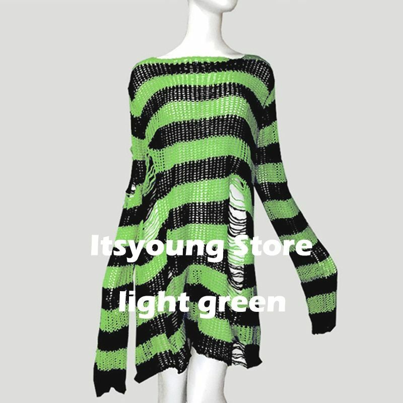Unisex Sweater Plus Size Punk Long Dress Hollow Hole Broken Jumper Loose Thin