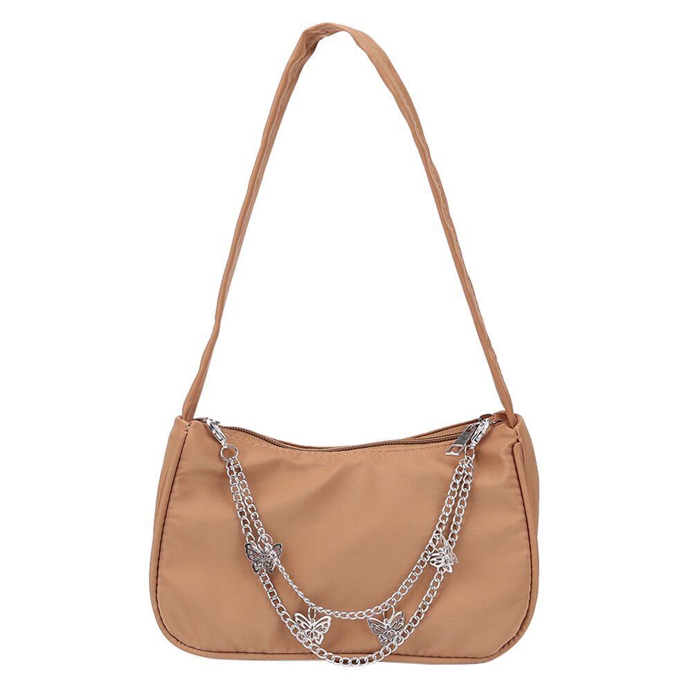 Women Small Shoulder Underarm Bag Leather Nylon Vintage Chain Zipper Handbags