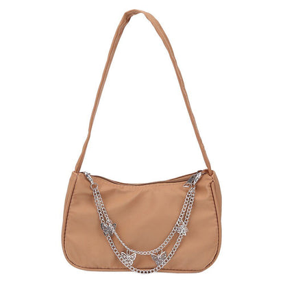 Women Small Shoulder Underarm Bag Leather Nylon Vintage Chain Zipper Handbags