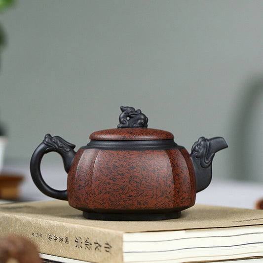 Collect Chinese Yixing Zisha Pottery Black Clay300ML Four Sides Dragon Teapot