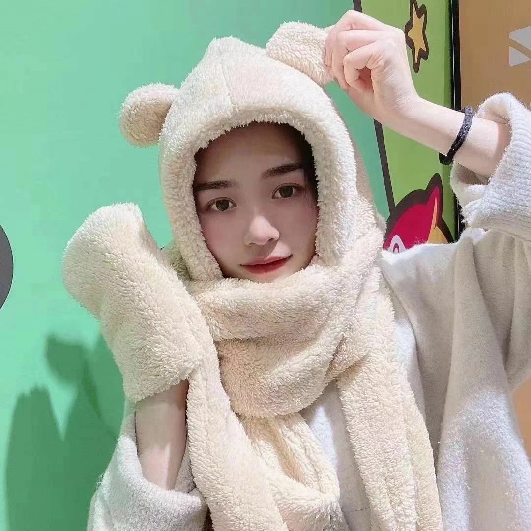 Cute Bear Ears Hat Scarf Gloves Set Balaclava Winter Bandana Velvet Fleece 225CM