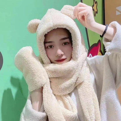 Cute Bear Ears Hat Scarf Gloves Set Balaclava Winter Bandana Velvet Fleece 225CM