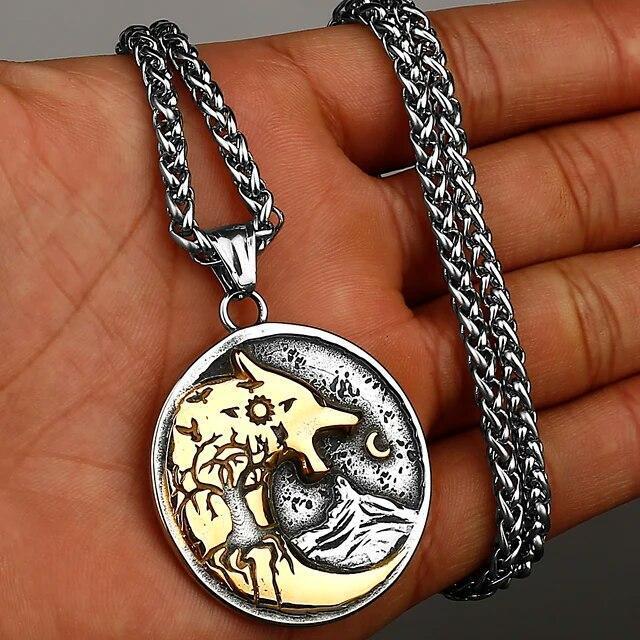 Wolf Necklaces Viking Style Wolf Head Pendant Runes Stainless Steel Necklace