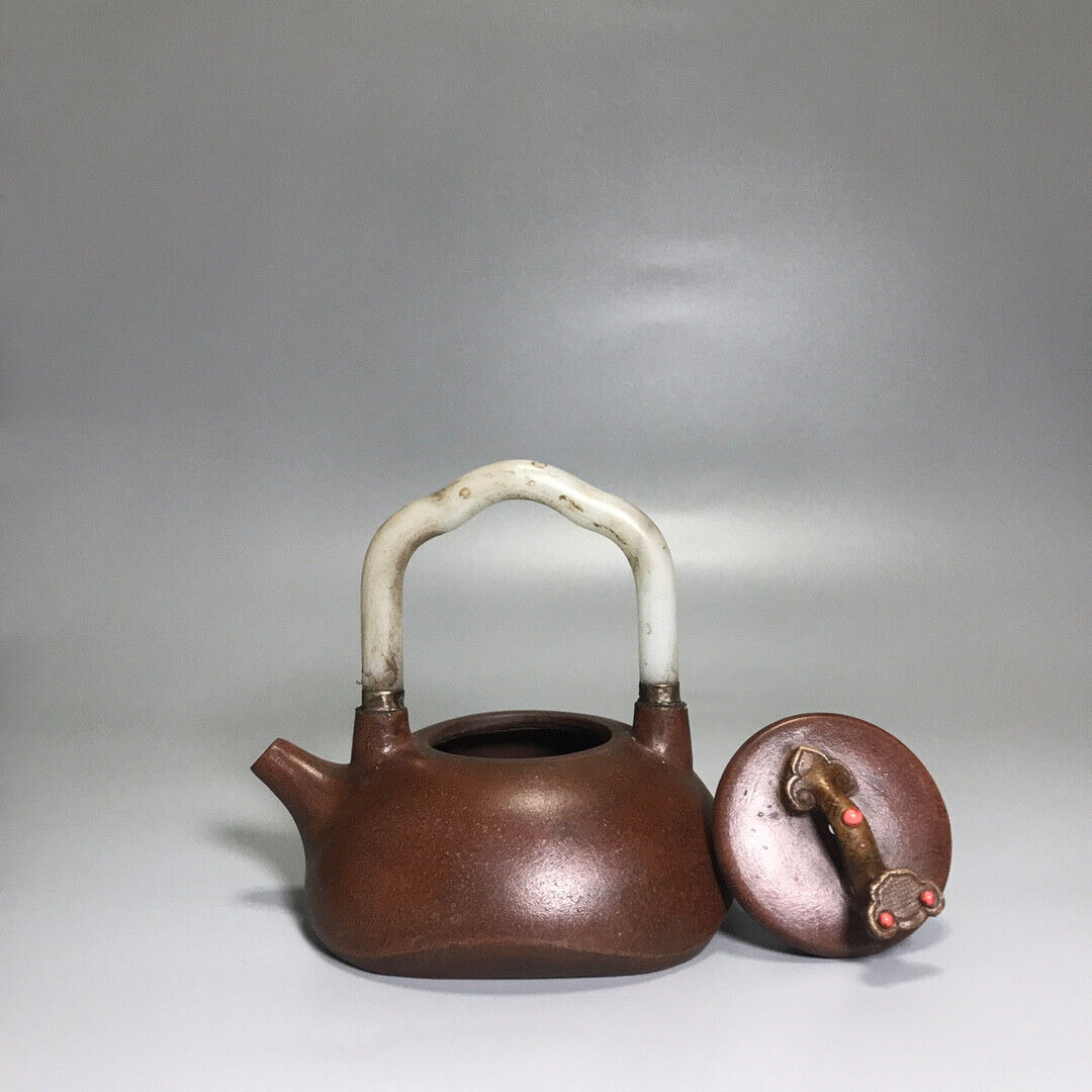 Chinese Yixing Zisha Clay Handmade Exquisite Teapot （方瓢镶玉提梁 底款：杨鹏年）