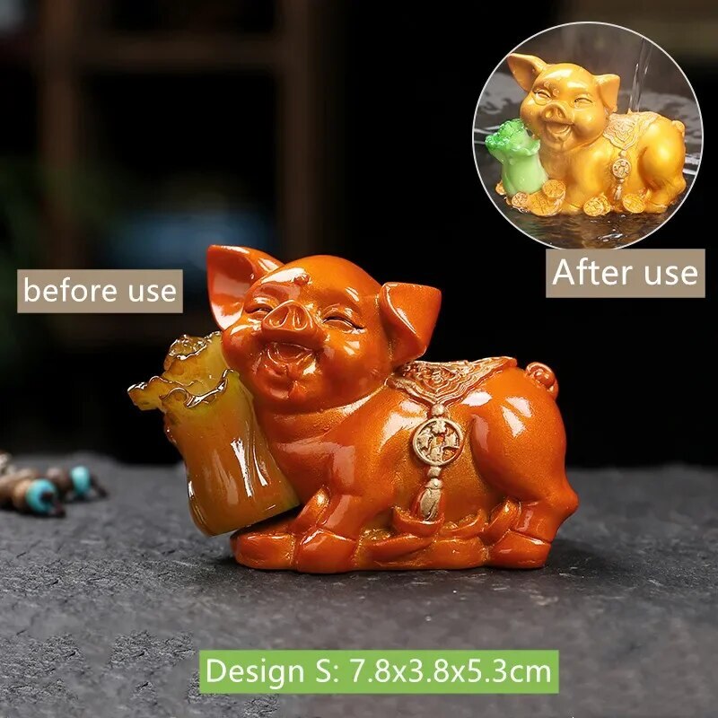 Lucky Piggy Statue Resin Color Changing Tea Pet Animal Tea Figurine Ornaments