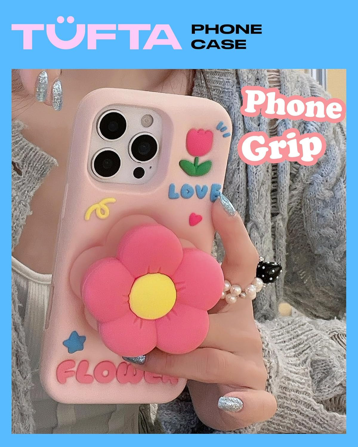 Cute 3D Flower Phone Case for Iphone 17 Pro Max - Retractable Stand & Grip with